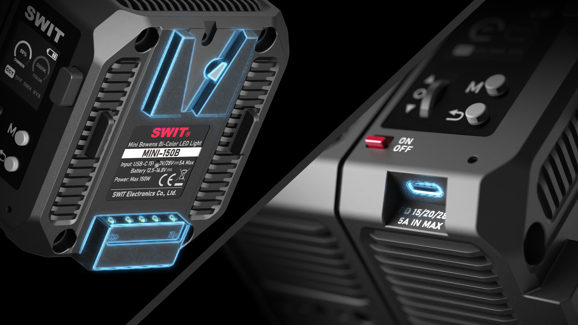 Mini-150B on-board V-mount battery and USB-C 15V/20V/28V power input