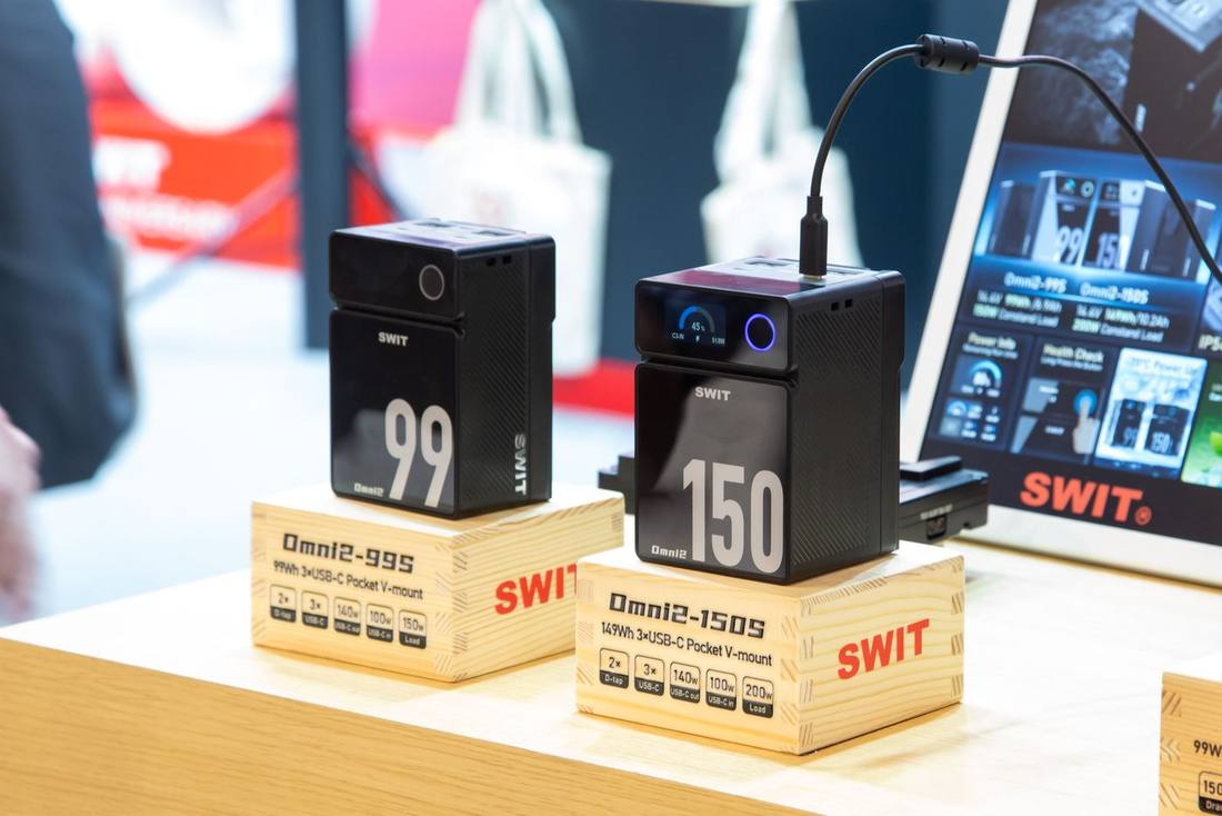 SWIT Omni2-99S and Omni2-150S pocket V-mount batteries displayed on the IBC2026 stand