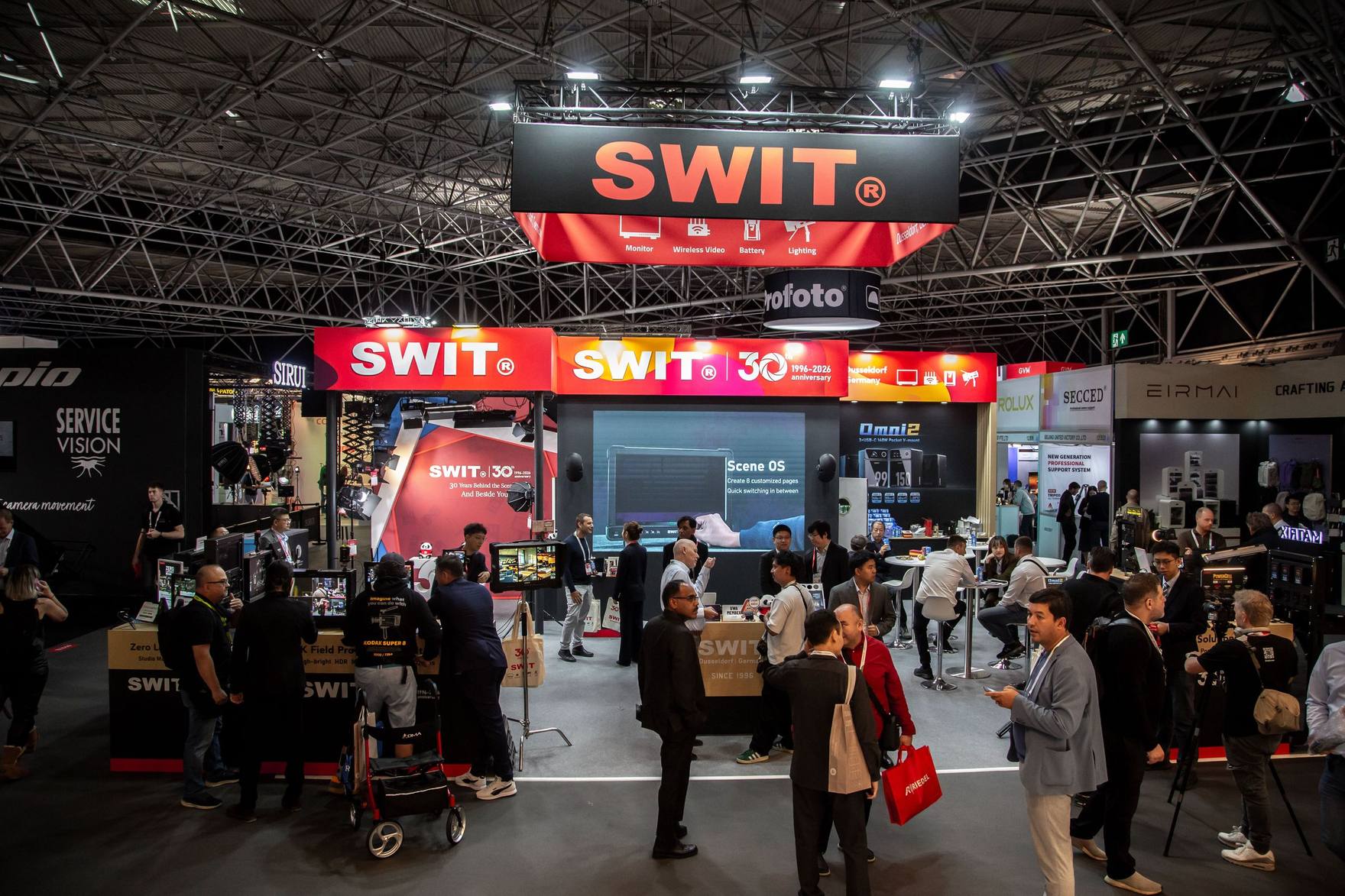 The SWIT booth in Hall 12 at IBC2026, RAI Amsterdam, with the 30th anniversary banner overhead