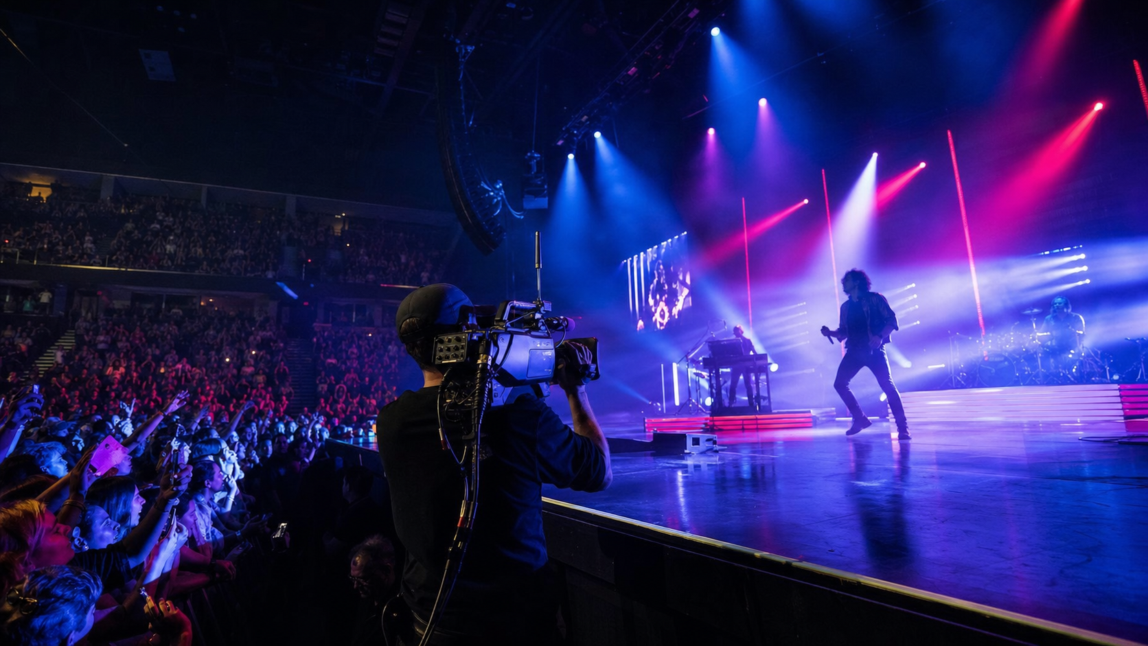 Camera operator filming a live concert under colorful stage lighting