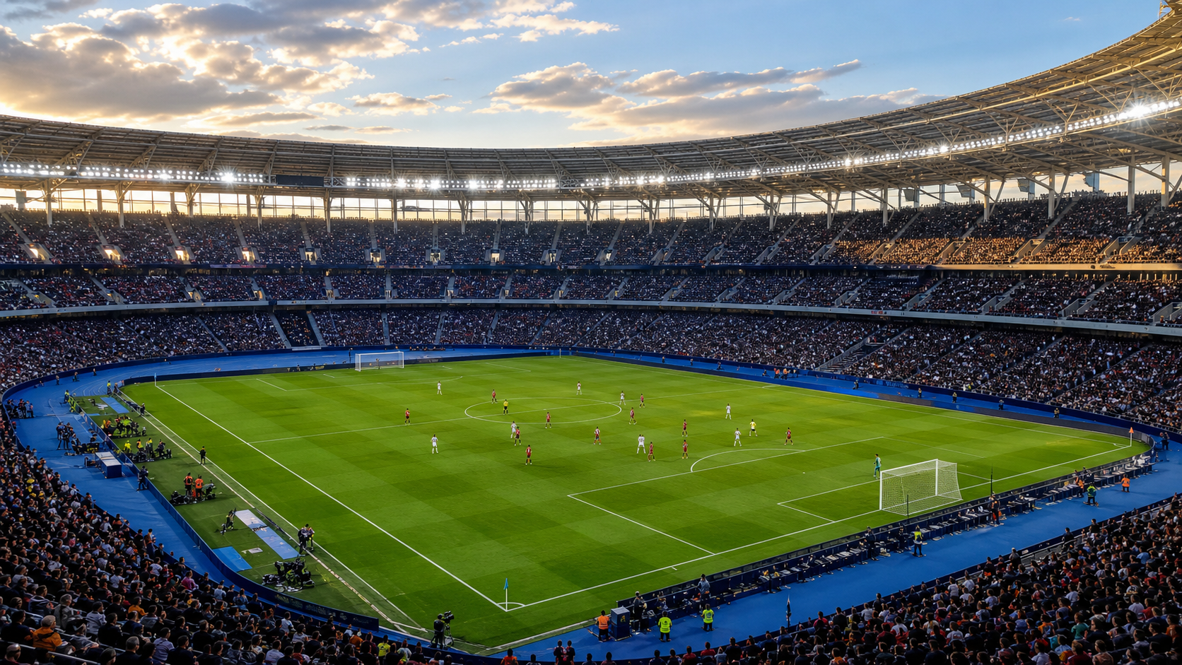 Wide stadium view of a live football match with broadcast cameras along the field