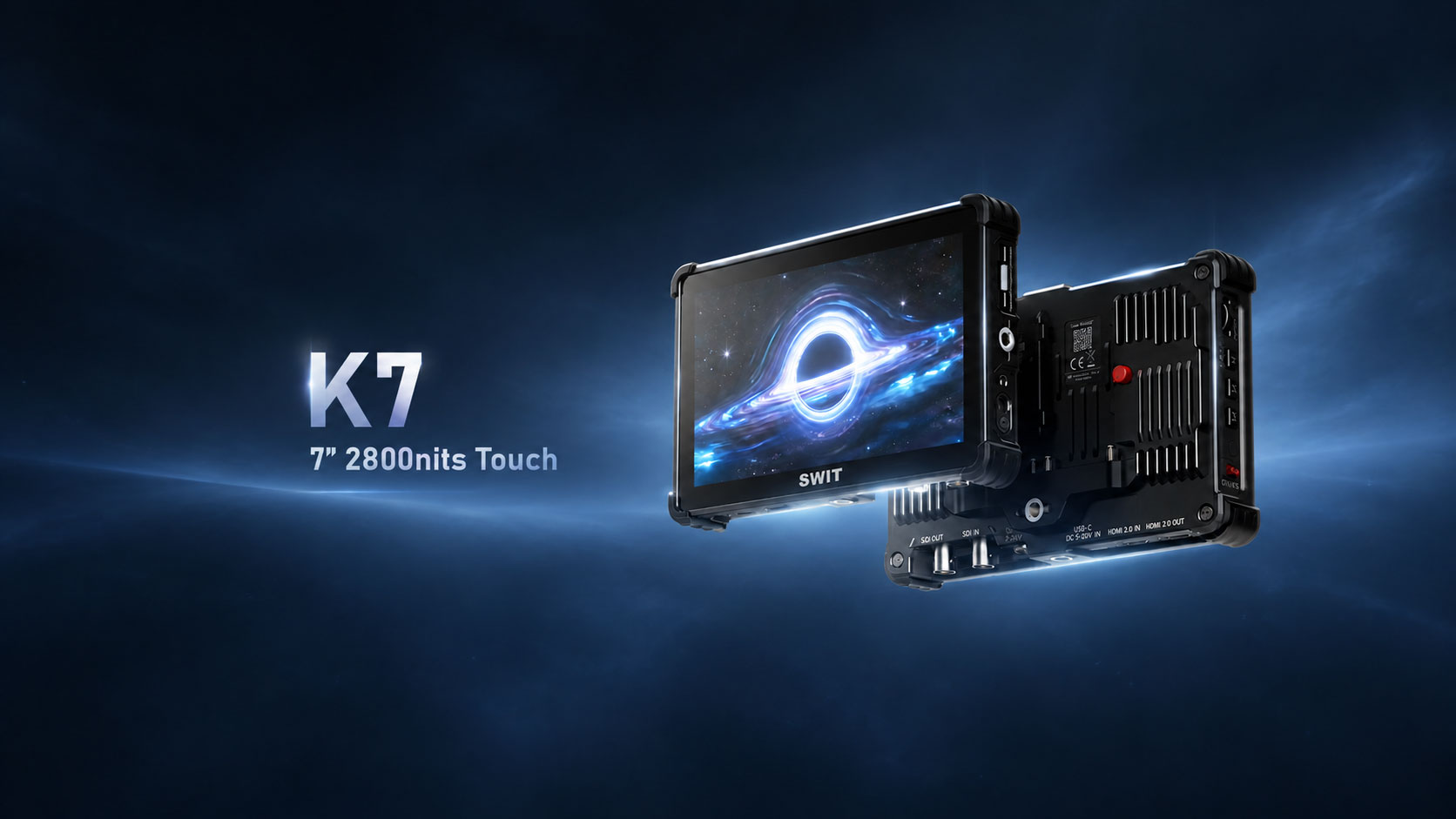 K7 7-inch 2800nits Touch monitor artwork with the front and rear of the monitor