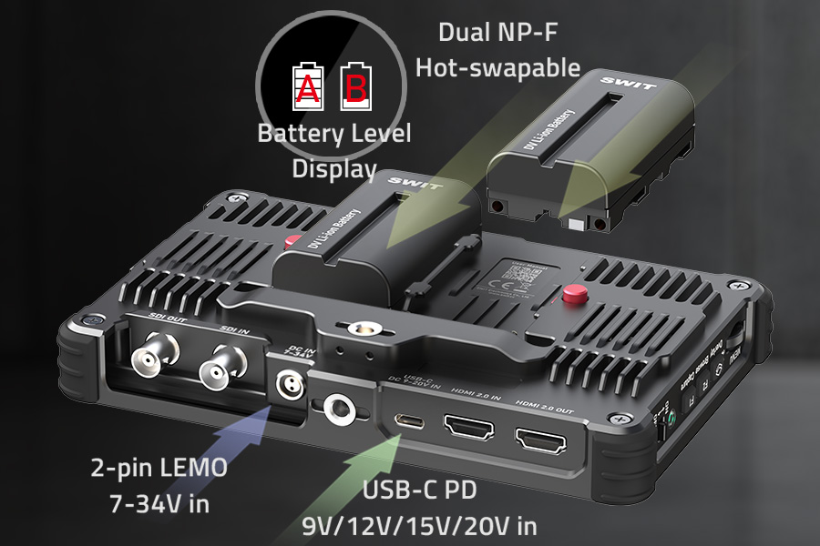 English diagram of K7 dual NP-F hot-swappable batteries, 2-pin LEMO 7-34V and USB-C PD inputs