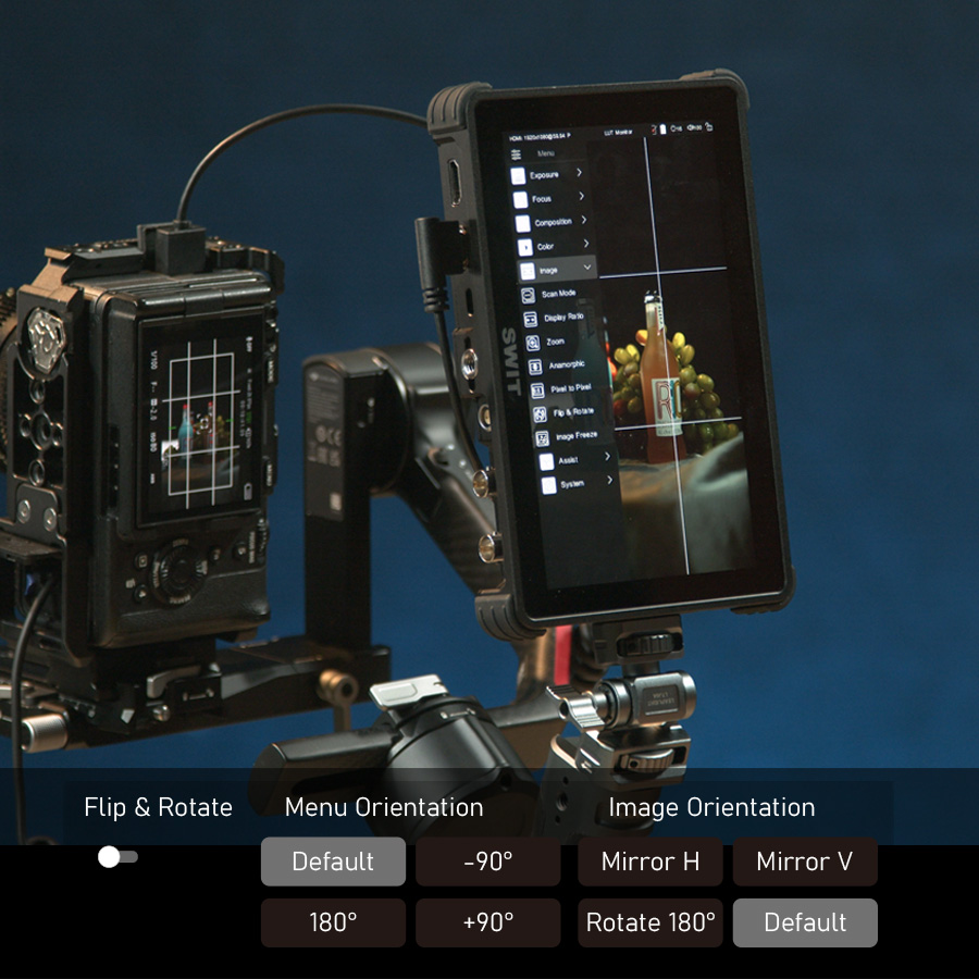 English OSD orientation guide showing vertical K7 mounting with menu and image orientation controls